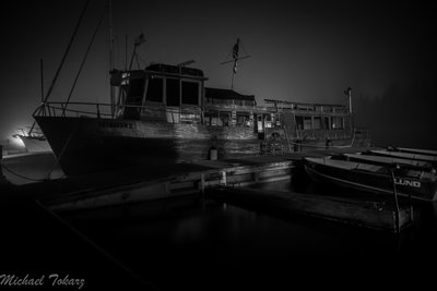 Finally, the &quot;Ghost Ship&quot; Voyageur II spending the night in a super foggy Rock Harbor. It was kinda creepy; when I was taking this I kept seeing a red light flashing on and off on the other side of the harbor near the America Dock. Didn't think much of it while I was out. Thought it was just a buoy or something. The next morning I went over to the dock and there was no light to be found. Really creepy