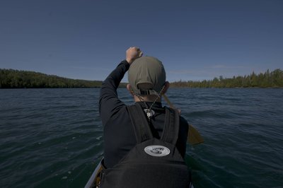 Solo Paddle in Duncan Bay (note the dead trees seen just off my right ear. These are from the burn on the island in Duncan Bay in '08