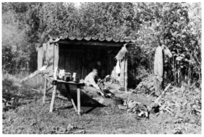 Shelter on Lake Desor 1960's. That may be David Mech in the photo.