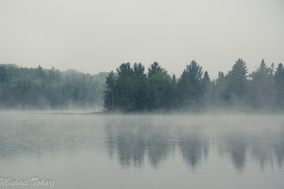 Foggy morning looking at the tip of Chickenbone Lake's peninsula